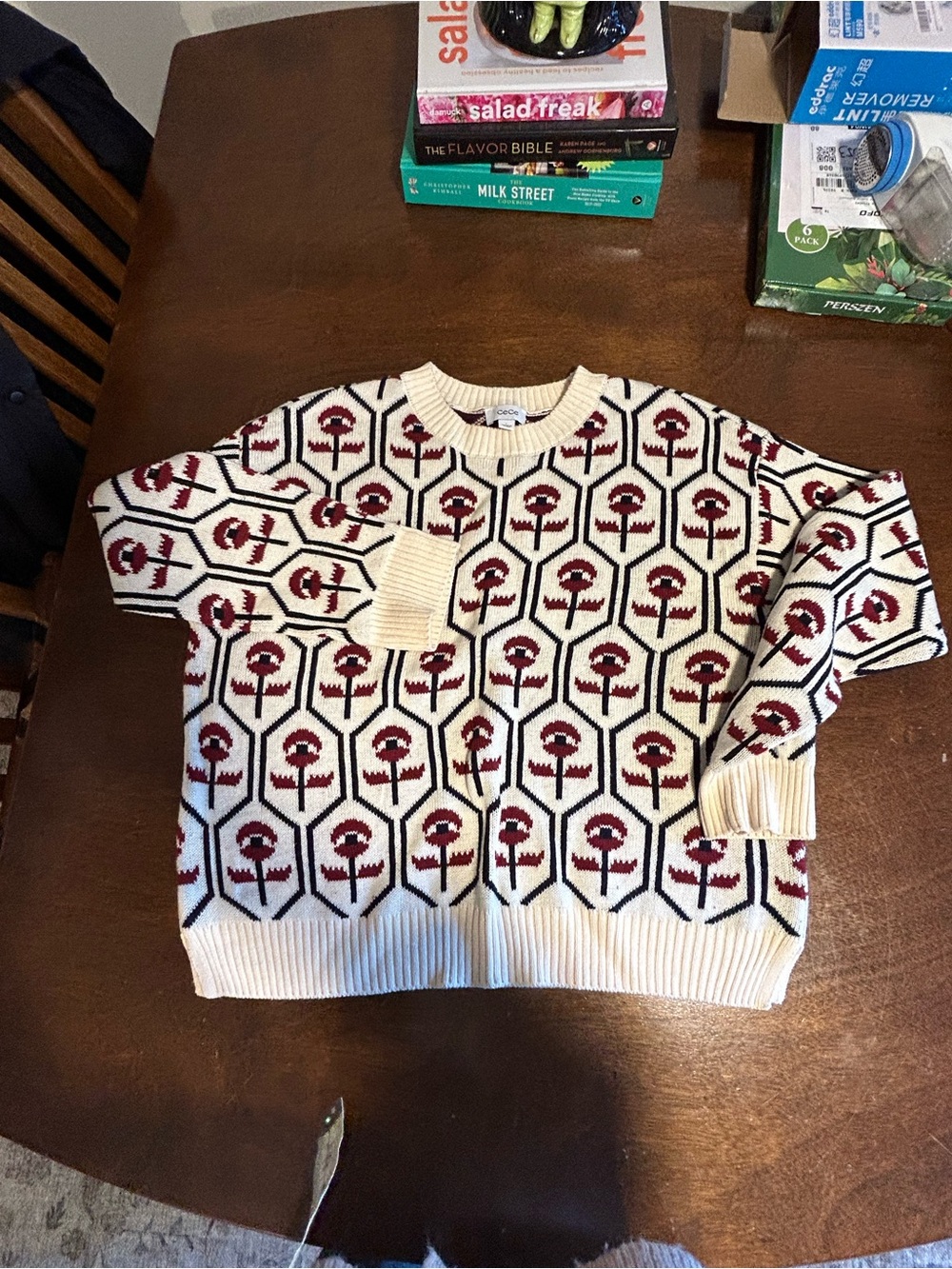 CeCe Cream Sweater with Red Geometric Floral Motif